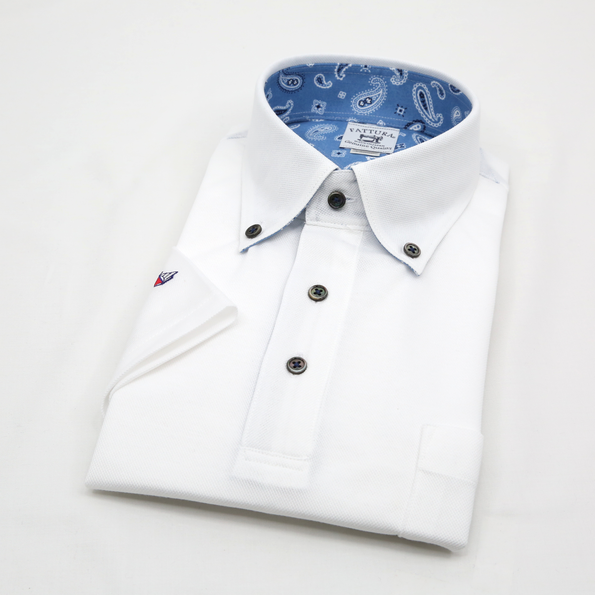 ビズポロシャツ【半袖】(袖口刺繍)　ホワイト　日本製